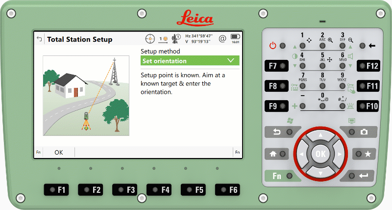 CS30 field controller showing a Leica Captivate Rail App screenshot of the stake track application.